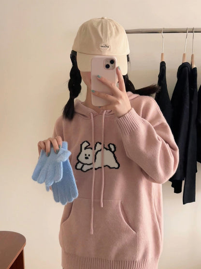 Cute Cartoon Hooded Sweater Knitted Sweater Spring And Autumn New Loose Pockets Overlapping Tops Temperament Sweater