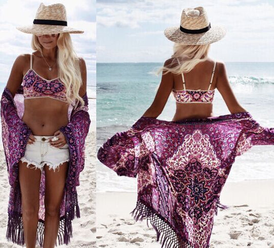 Chiffon Beach Resort Wear Purple Orientation Flower Beach Bikini