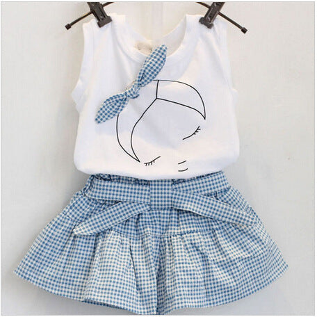 AiLe Rabbit Girls Fashion Clothes Set Short Sleeve Shirt Short Skirt 2 Piece Suits Cartoon Girl Bow Cotton Kids Clothes Set k1