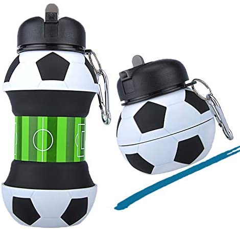 Football Soccer Silicone Water Bottle with Straw Foldable Collapsible Travel Non-toxic Bottles Innovating Camping