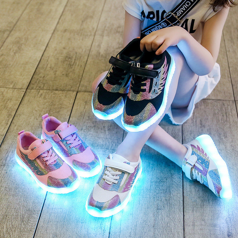 USB Rechargeable Colorful Luminous Shoes Children's Non-Slip Light-Up Baby Switchable Mesh Breathable Wings Light-Emitting Shoeson