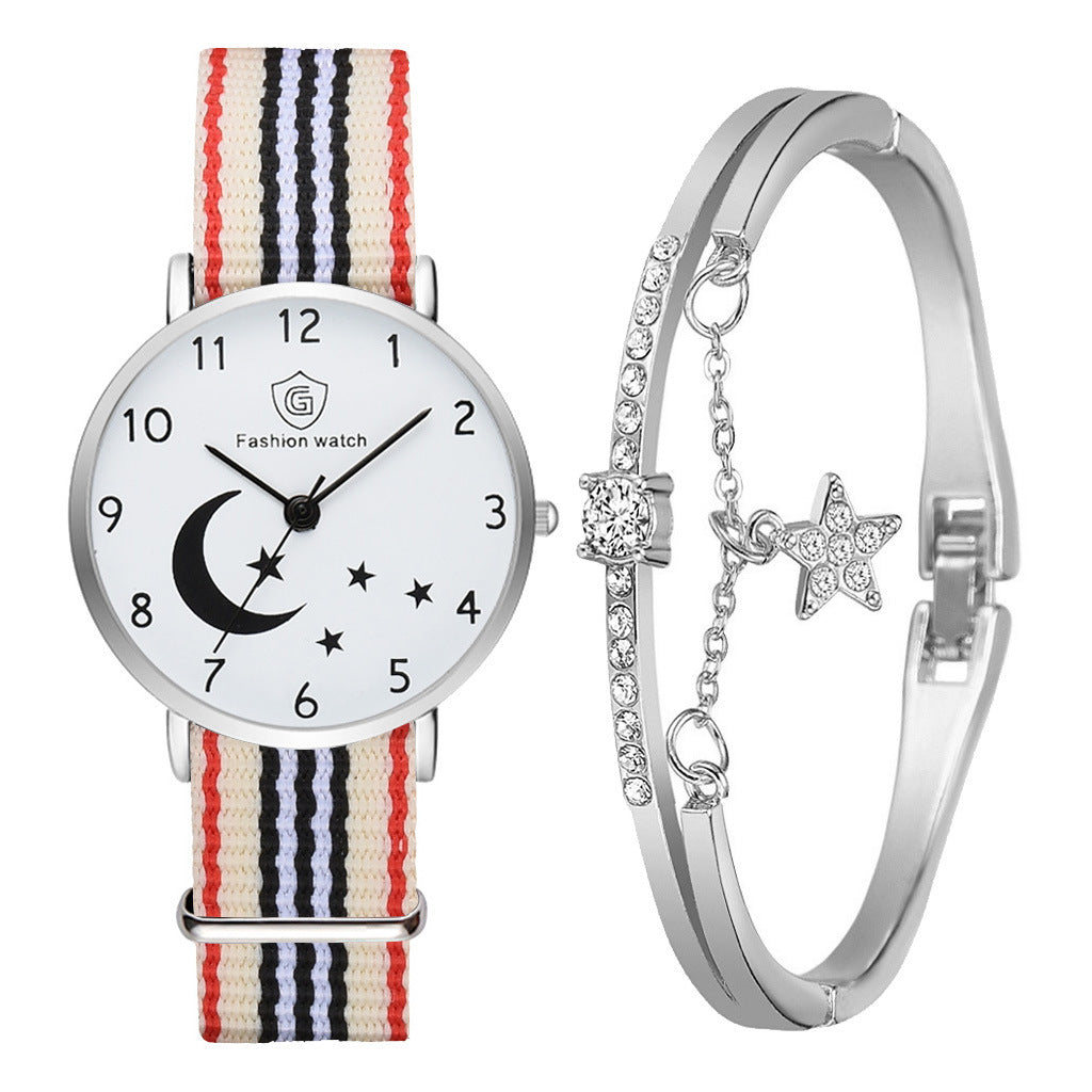 Fashion Watch For Women Bracelet Set Casual Canvas Strap Ladies Watches Moon Stars Pattern Quartz Wristwatches Female Gift Clock