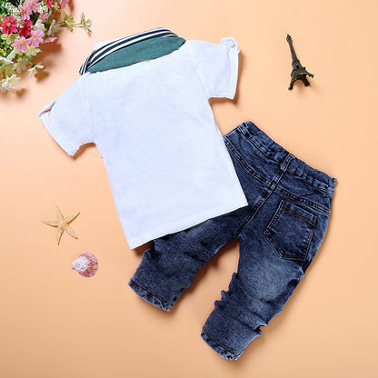 Three-Piece Boy Short-Sleeved T-Shirt Denim Pants And Scarf