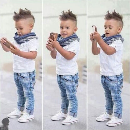 Three-Piece Boy Short-Sleeved T-Shirt Denim Pants And Scarf