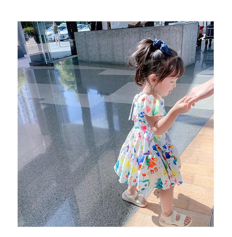 Girls Korean Style Western Style Skirt Color Puff Sleeve Dress Children Cartoon Princess Dress Summer Dress New Foreign Trade Dress