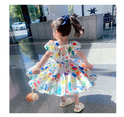 Girls Korean Style Western Style Skirt Color Puff Sleeve Dress Children Cartoon Princess Dress Summer Dress New Foreign Trade Dress