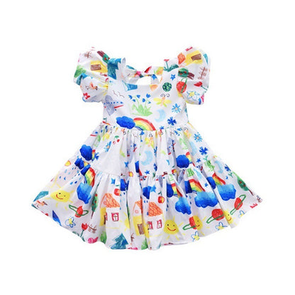 Girls Korean Style Western Style Skirt Color Puff Sleeve Dress Children Cartoon Princess Dress Summer Dress New Foreign Trade Dress