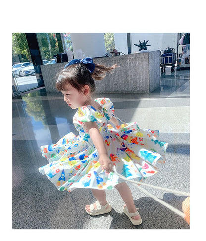 Girls Korean Style Western Style Skirt Color Puff Sleeve Dress Children Cartoon Princess Dress Summer Dress New Foreign Trade Dress