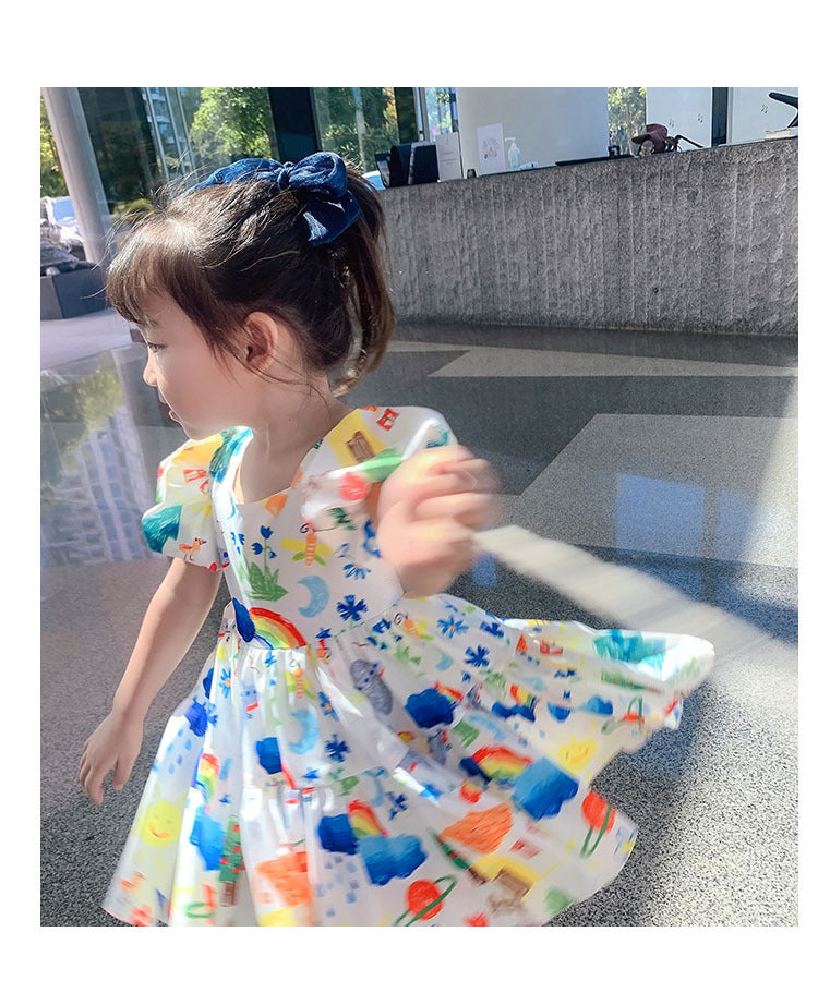 Girls Korean Style Western Style Skirt Color Puff Sleeve Dress Children Cartoon Princess Dress Summer Dress New Foreign Trade Dress