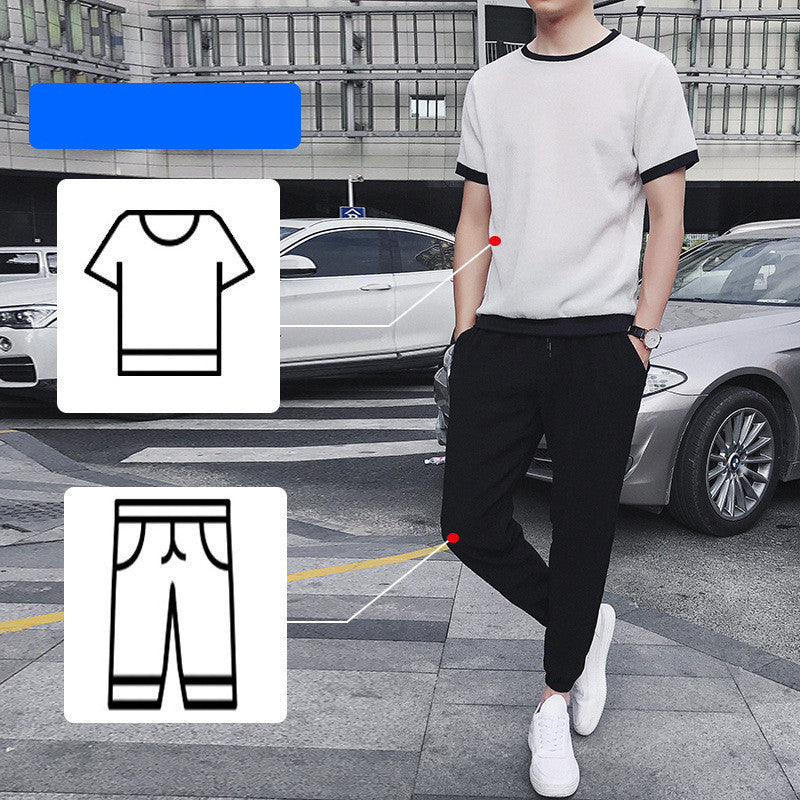 Ice Silk Short-Sleeved T-Shirt Men'S Summer Trend Set With Handsome Clothes Men'S Casual Linen Suit