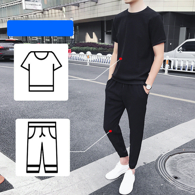 Ice Silk Short-Sleeved T-Shirt Men'S Summer Trend Set With Handsome Clothes Men'S Casual Linen Suit