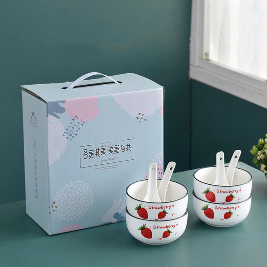 Bowl Spoon Set Strawberry Ceramic Tableware
