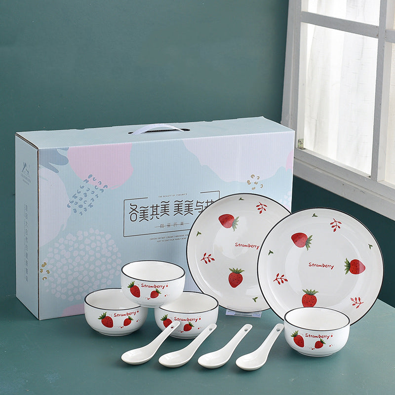 Bowl Spoon Set Strawberry Ceramic Tableware