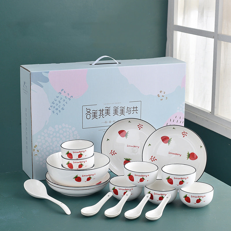 Bowl Spoon Set Strawberry Ceramic Tableware