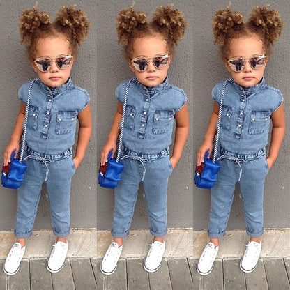 Short-Sleeved Girls Denim Jumpsuit For Kids In Summer Fashion Romper