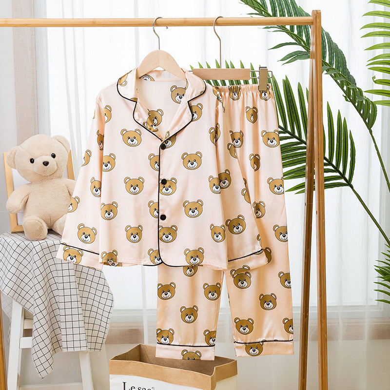 Spring And Autumn Children's Pajamas Silk Boy Girl Child Baby Long-Sleeved Short Suit Ice Silk Baby Air-Conditioned Home Service