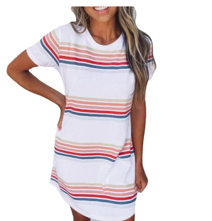 Women'S European And American Summer Color Striped Round Neck Dress Aliexpress Amazon Tt00567