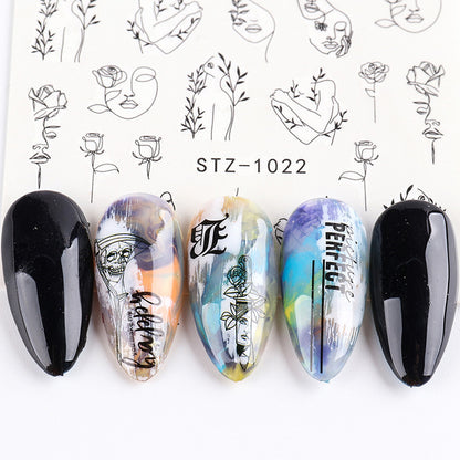 Ins Retro Face Black Line Nail Watermark Sticker French Art Nails