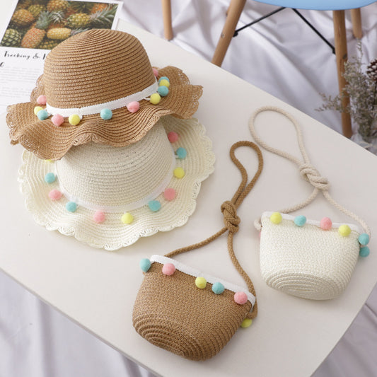 Small Ball Solid Color Children Straw Hat Bag Set