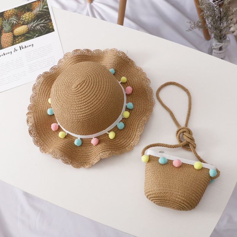 Small Ball Solid Color Children Straw Hat Bag Set