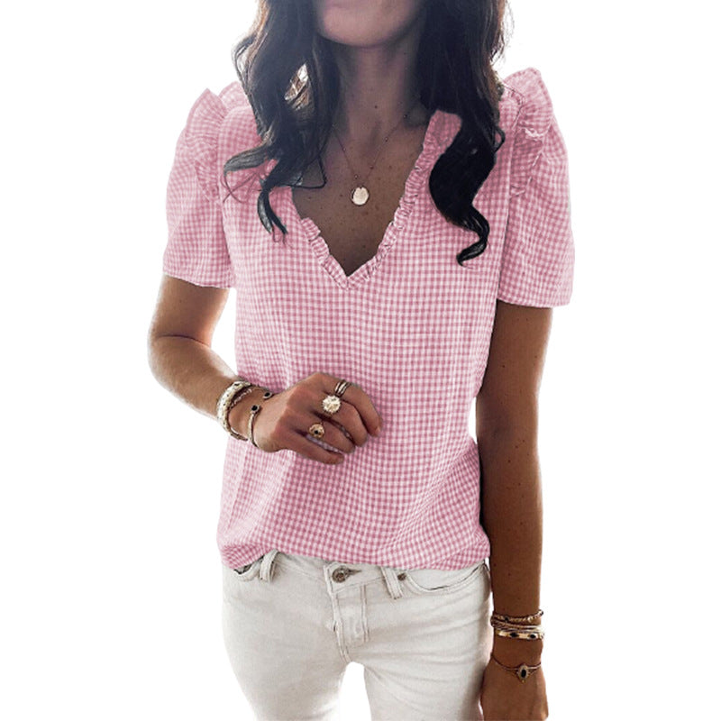 V-neck Ruffled Plaid Fashion Short Sleeves