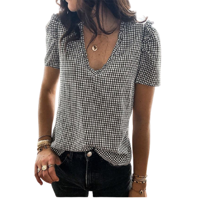 V-neck Ruffled Plaid Fashion Short Sleeves