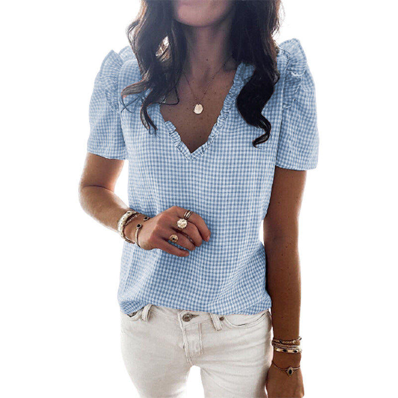 V-neck Ruffled Plaid Fashion Short Sleeves