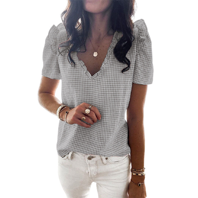 V-neck Ruffled Plaid Fashion Short Sleeves