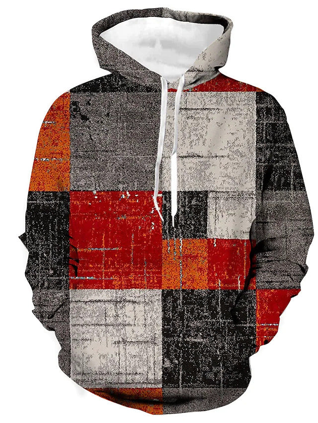 Hooded Men's Checkered British Vintage Printed Long Sleeves