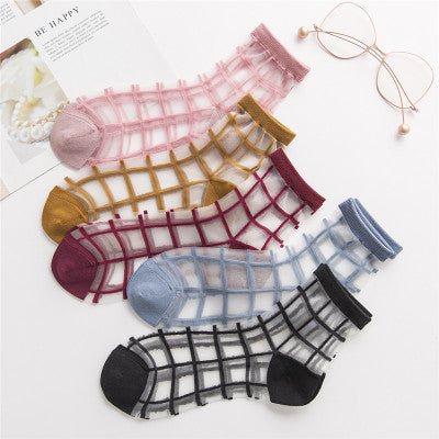 Spring And Summer New Women's Socks Japanese Style Plaid Ultra-thin Transparent