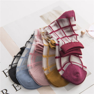 Spring And Summer New Women's Socks Japanese Style Plaid Ultra-thin Transparent