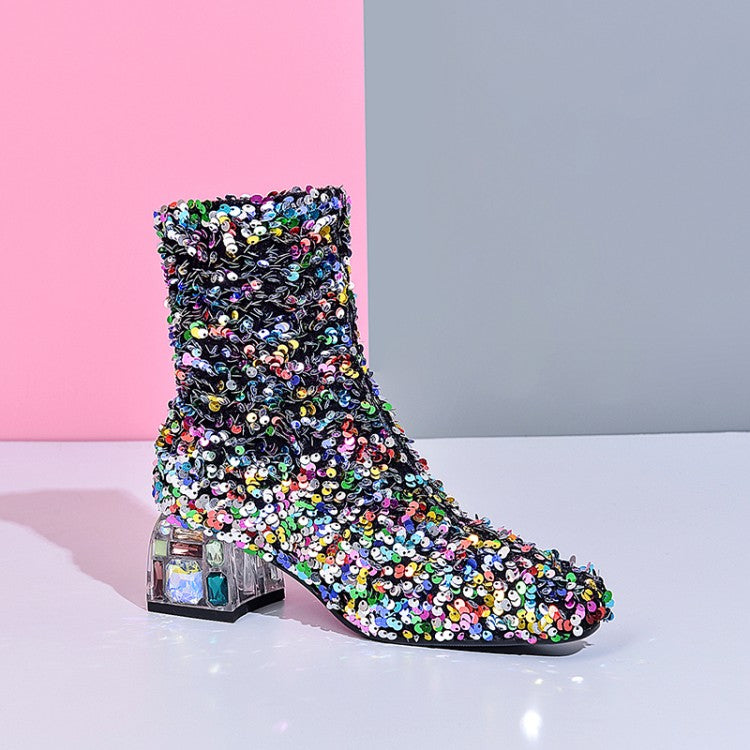 Women's Mid Heel Sequined Stretch Square Toe Booties