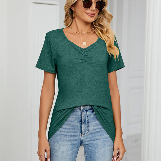 Women's Fashion V-neck Pleated Casual Solid Color Loose T-shirt