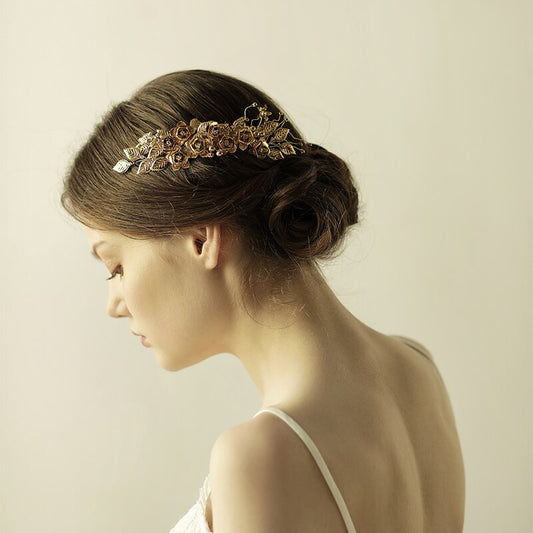 Brass Leaves And Flowers Handmade Pearl Crystal Bridal Hair Comb