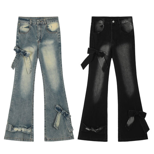 Real Shot American Retro Cute Bow Denim Trousers