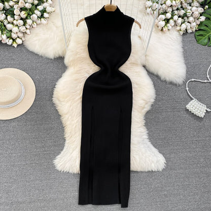 Knitted Stand Collar Women Dresses Sleeveless Vintage Summer Sexy Vestidos Korean Fashion High Waist Long Dress