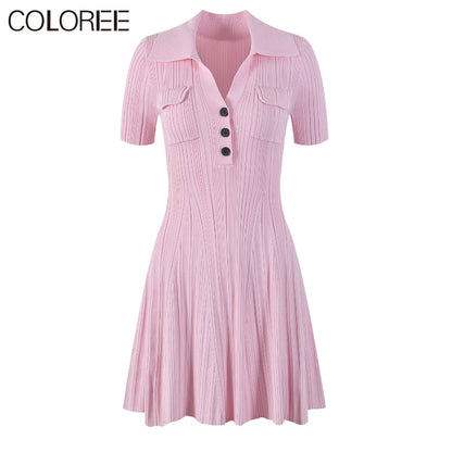 Korean Fashion Pink Dress Women 2023 Elegangt Turn-down Collar Short Sleeve Knitted Dresses Runway Designer Vestidos De Fiesta