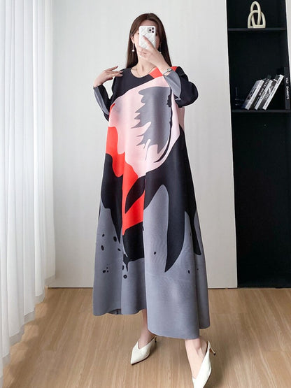 Women Print Pleated A Line O Neck Dress Long Versatile Loose Casual Spring Summer