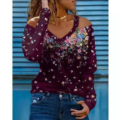 Fashion Long Sleeve V-neck Strapless Floral Ladies T-shirt