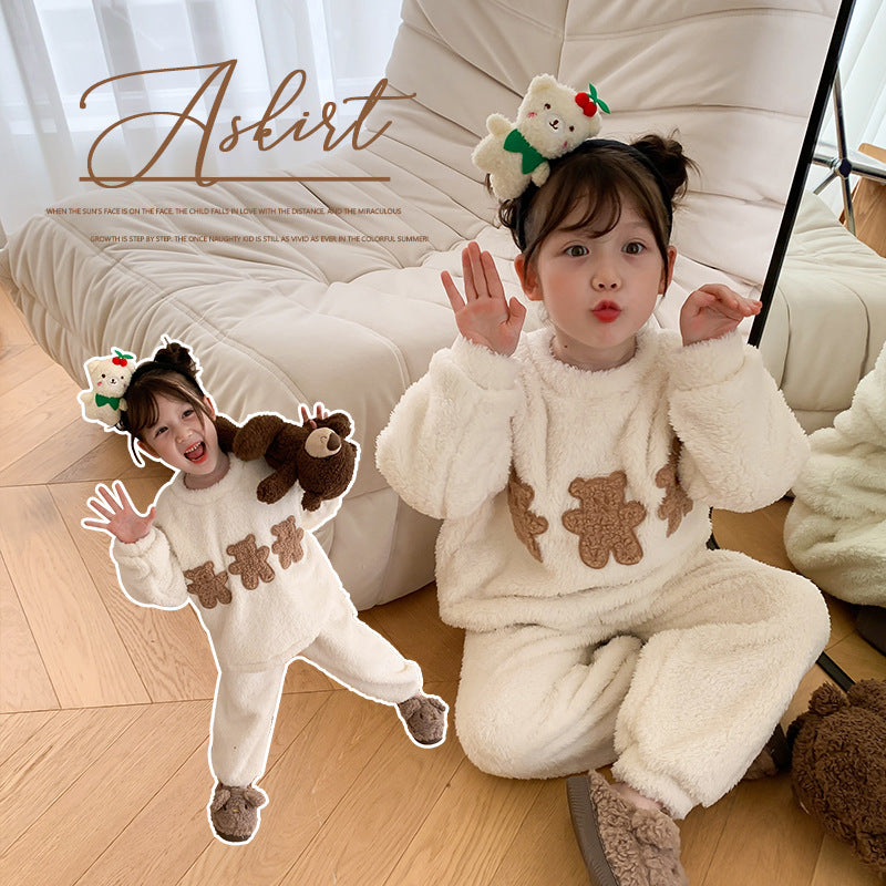 White Winter Girls Flannel Pajamas Suit