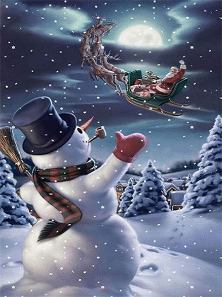 Diamond Painting Snowman Christmas Art Embroidery Night Snow Landscape