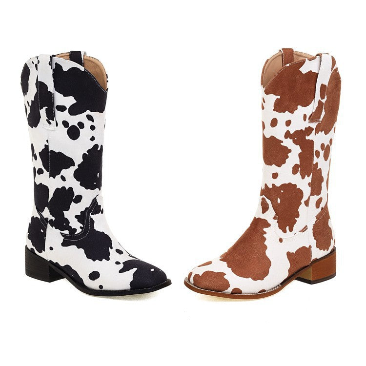 Women's Vintage Cow Print Block Heel Plus Size Rider Boots