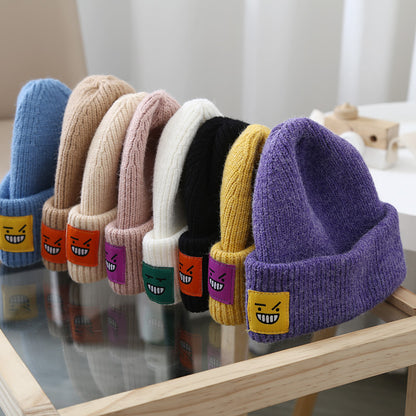 South Korea With The Same Paragraph Candy Color Expression Cloth Label Children's Knitted Hats