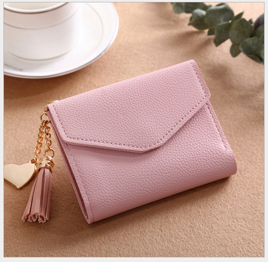 Women's short Korean version of the bag Tassel pendant lychee wallet multi-card position Clutch bag