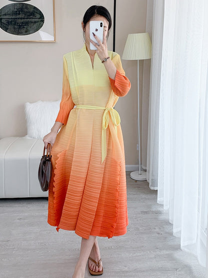 Women Gradient Pleated Dress V Neck Belt Spring Summer New Loose Patchwork Elegant Lady Casual