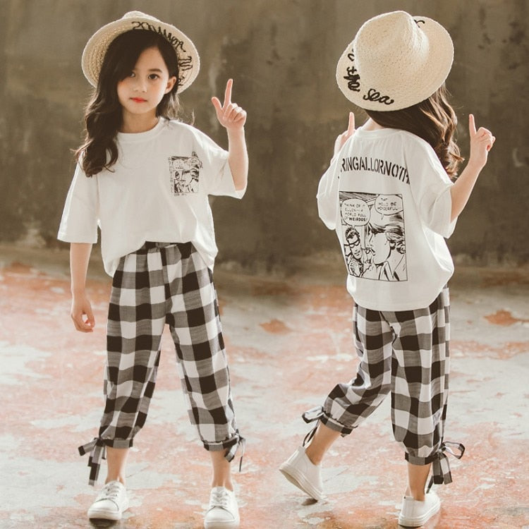 Two-piece printed plaid cropped trousers