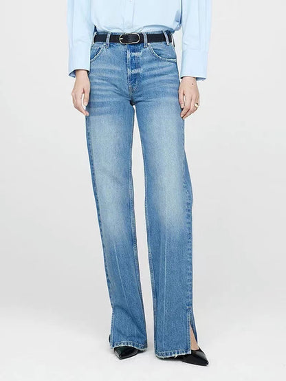 Women's Nordic Blue Mid-waist Button Placket Straight Jeans