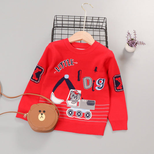 Autumnwinter New Cotton Line Cartoon Bear Excavator Boy's PulloverChildren's Long-sleeved Sweater