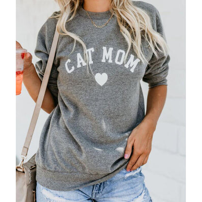 CAT MOM Heart Print Hoodies Women's Autumn Winter Fashionable Long Sleeve Casual Sweatshirt