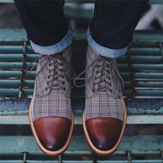 Lace-up Low-Top Men's Boots With Checkered Fabric